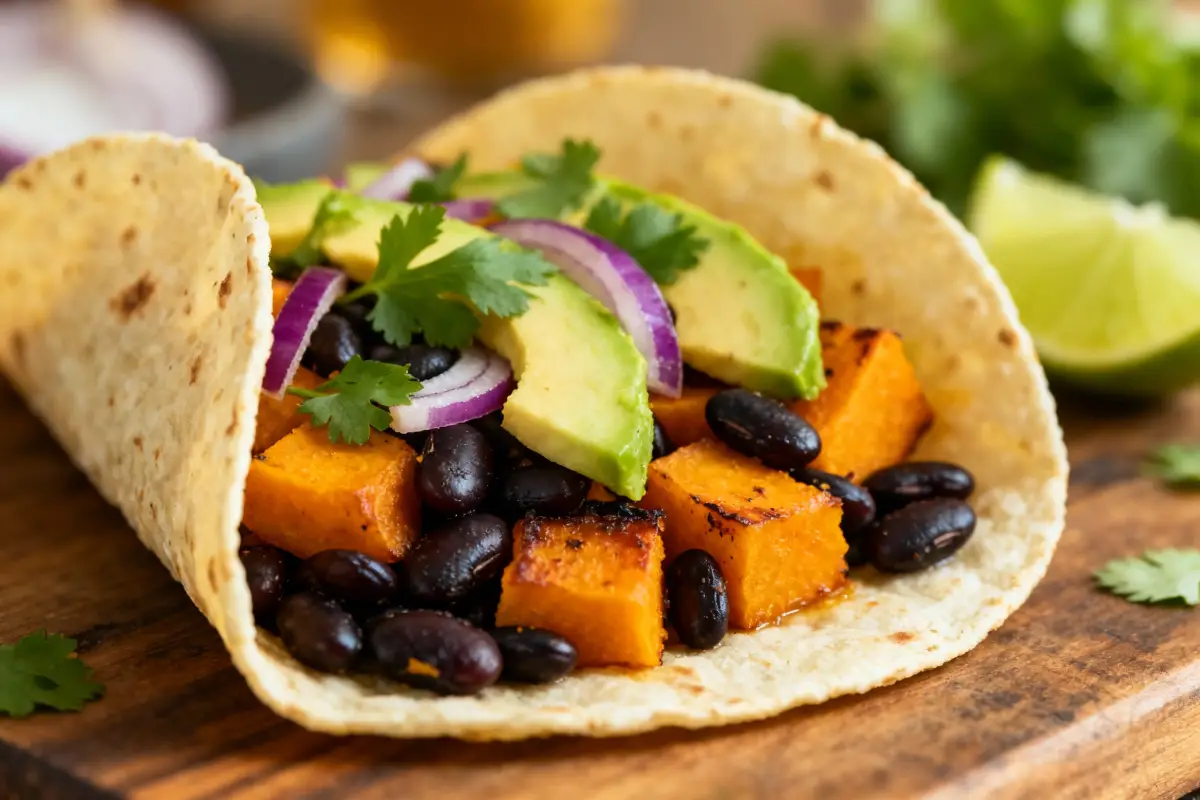 Tacos de butternut rôtie et haricots noirs