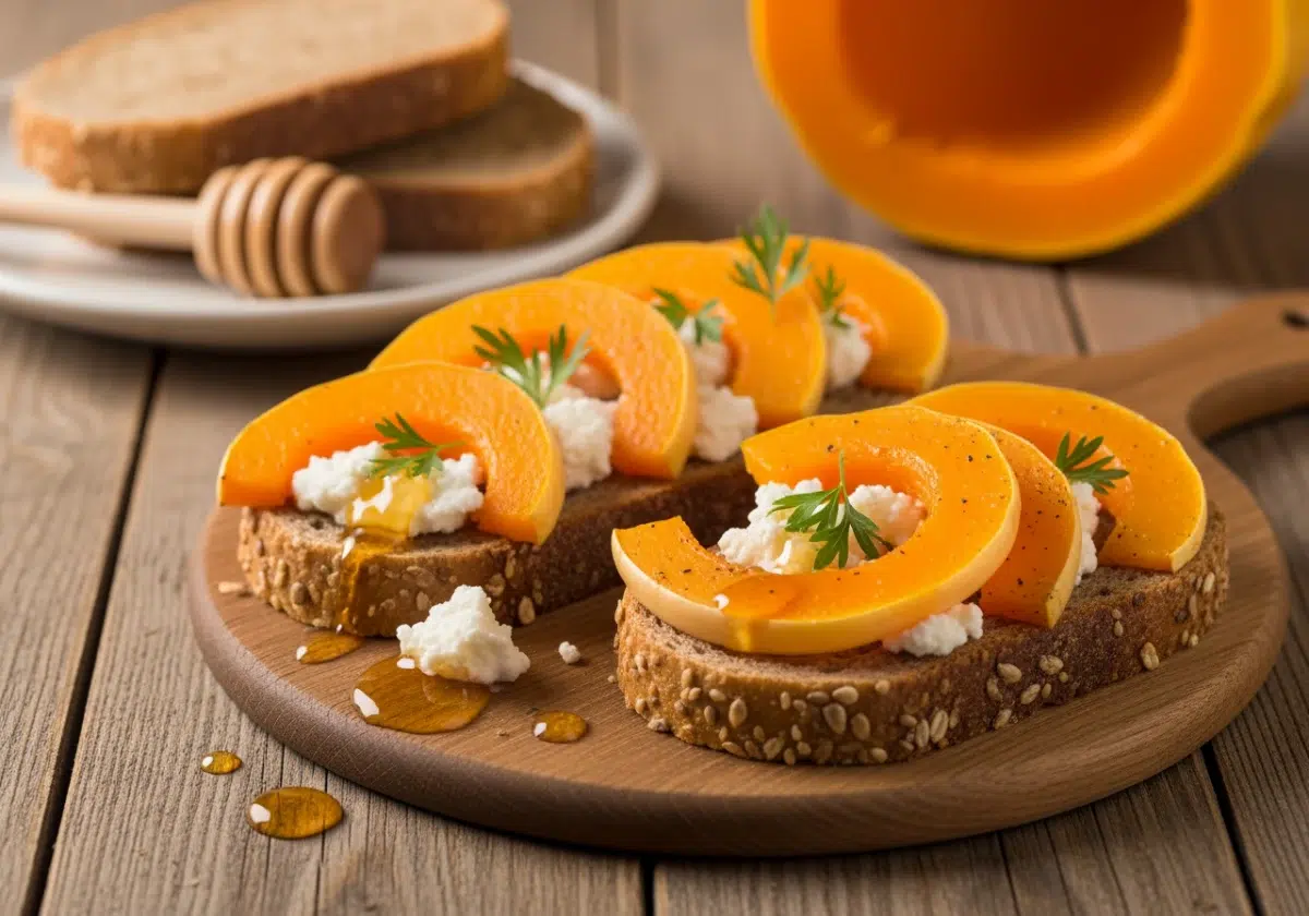 Tartines de butternut rôtie, chèvre frais et miel
