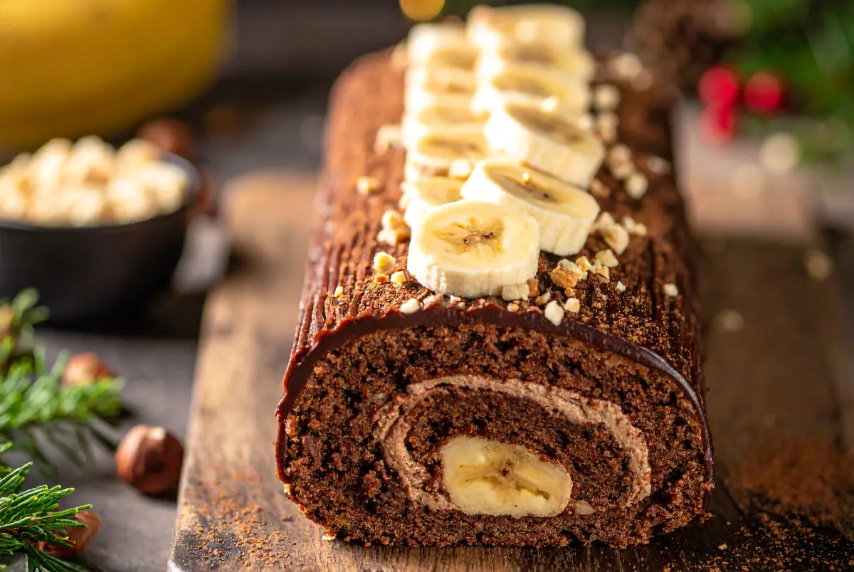 Bûche banane chocolat sans gluten (moelleuse et très gourmande)