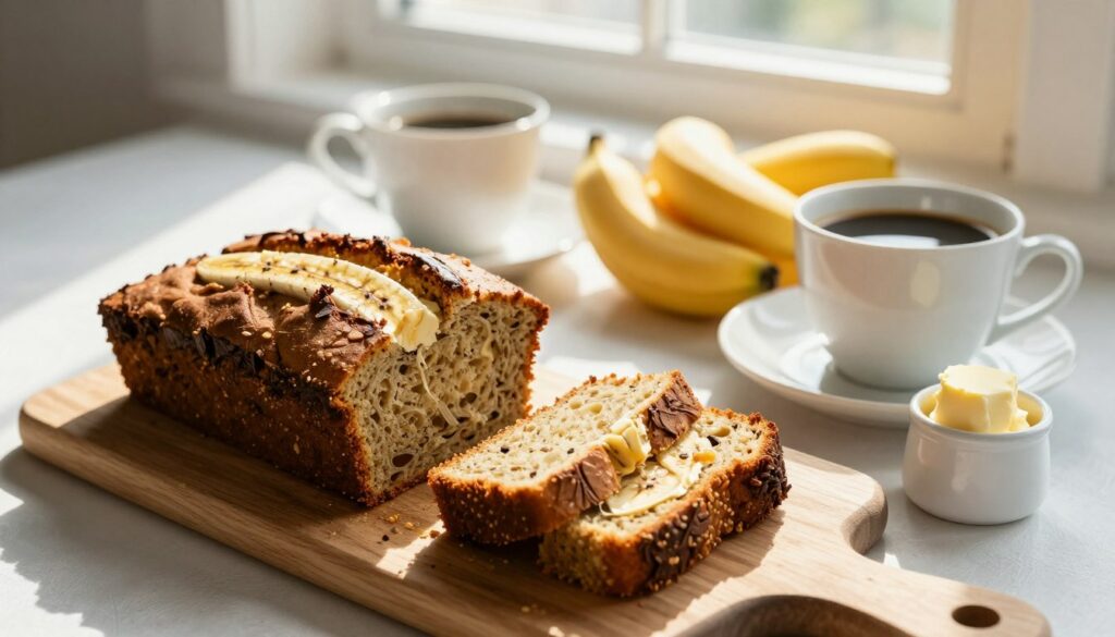 Banana bread servi pour le petit-déjeuner avec du café Banana bread servi pour le petit-déjeuner avec du café