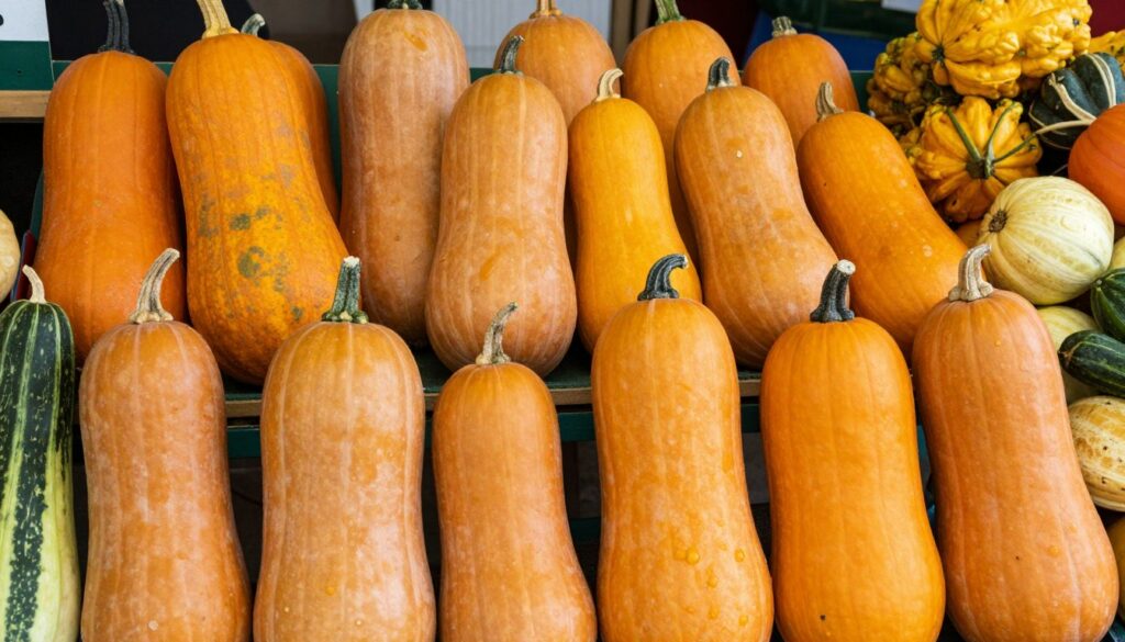 Différents potimarrons de tailles variées exposés sur un étal de marché