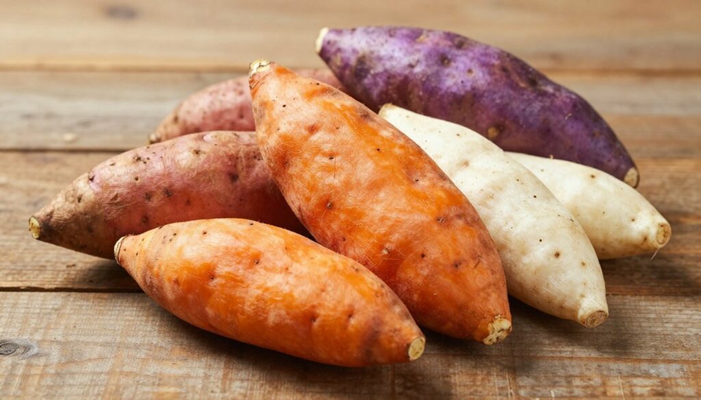 Diverses variétés de patates douces fraîches disposées sur une table en bois rustique