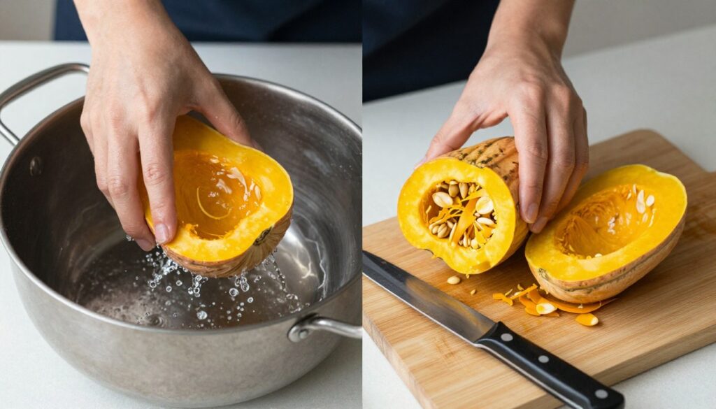 Étapes de préparation du potimarron : lavage, découpe et retrait des graines Étapes de préparation du potimarron : lavage, découpe et retrait des graines
