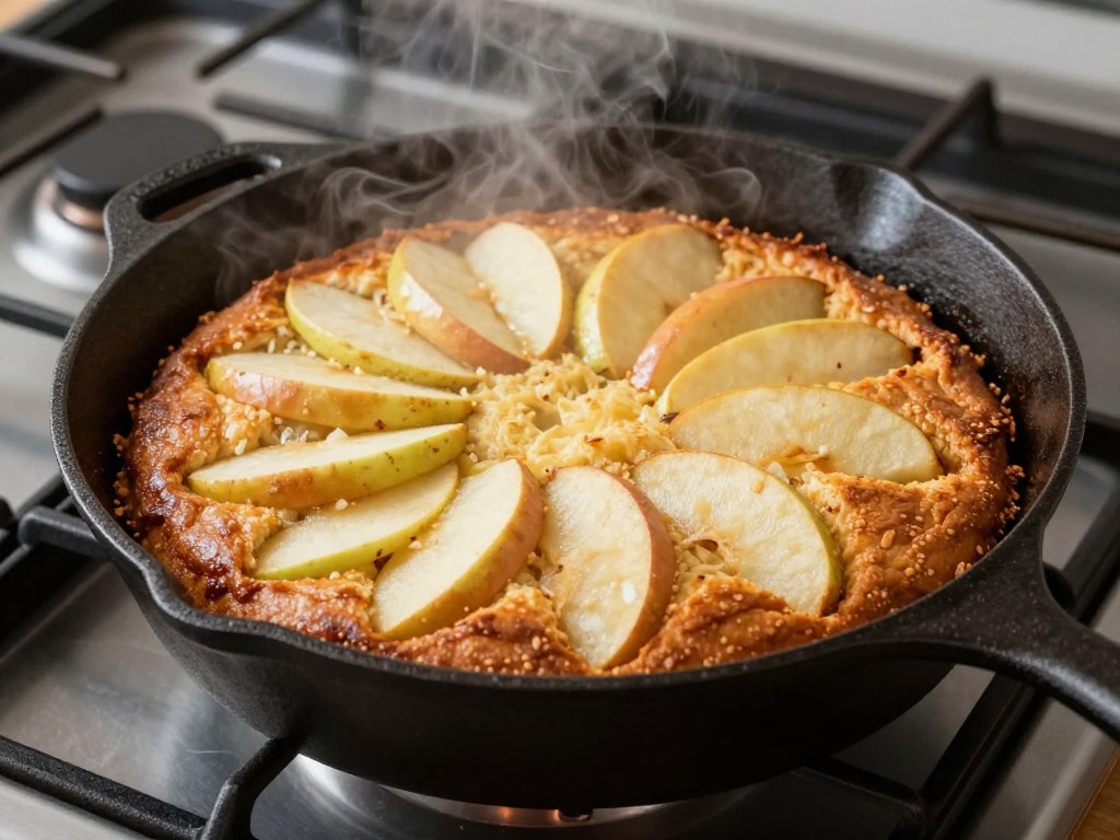 Gâteau aux pommes à la poêle, sans four, avec surface dorée