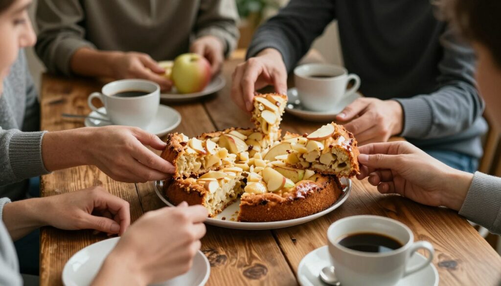 Gâteau aux pommes fraîchement cuit sur une table conviviale avec des personnes partageant le dessert