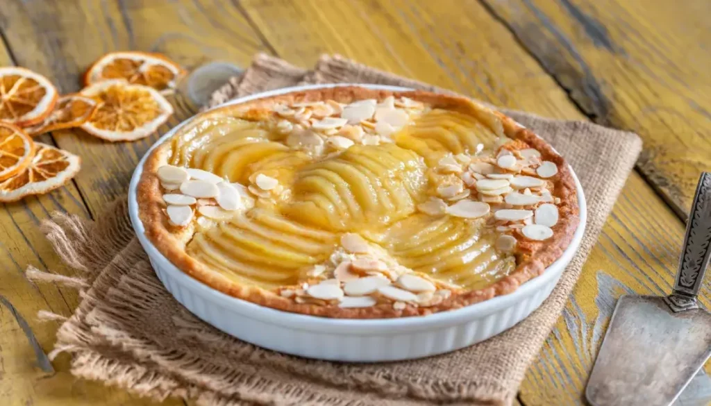 Gâteau aux pommes servi avec différents accompagnements : crème anglaise, glace vanille et chantilly