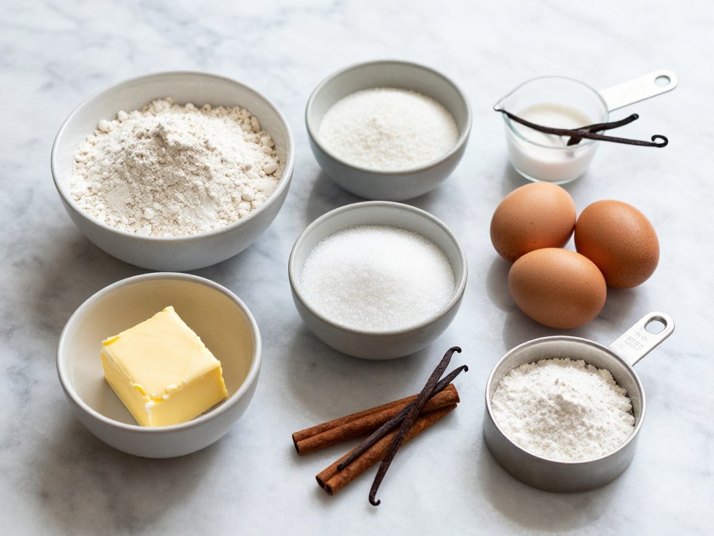 Ingrédients de base pour un gâteau aux pommes disposés sur un plan de travail en marbre