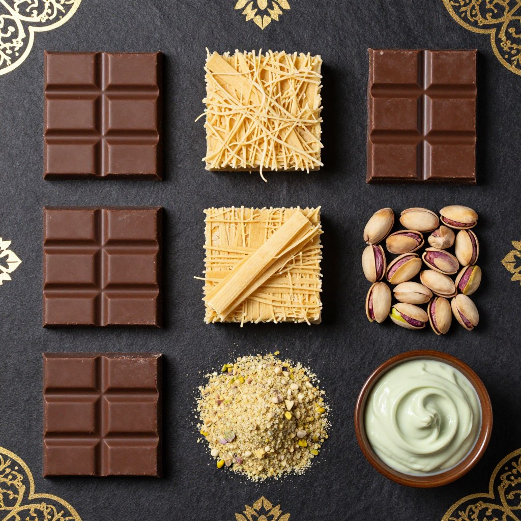 Ingrédients du chocolat dubai disposés séparément