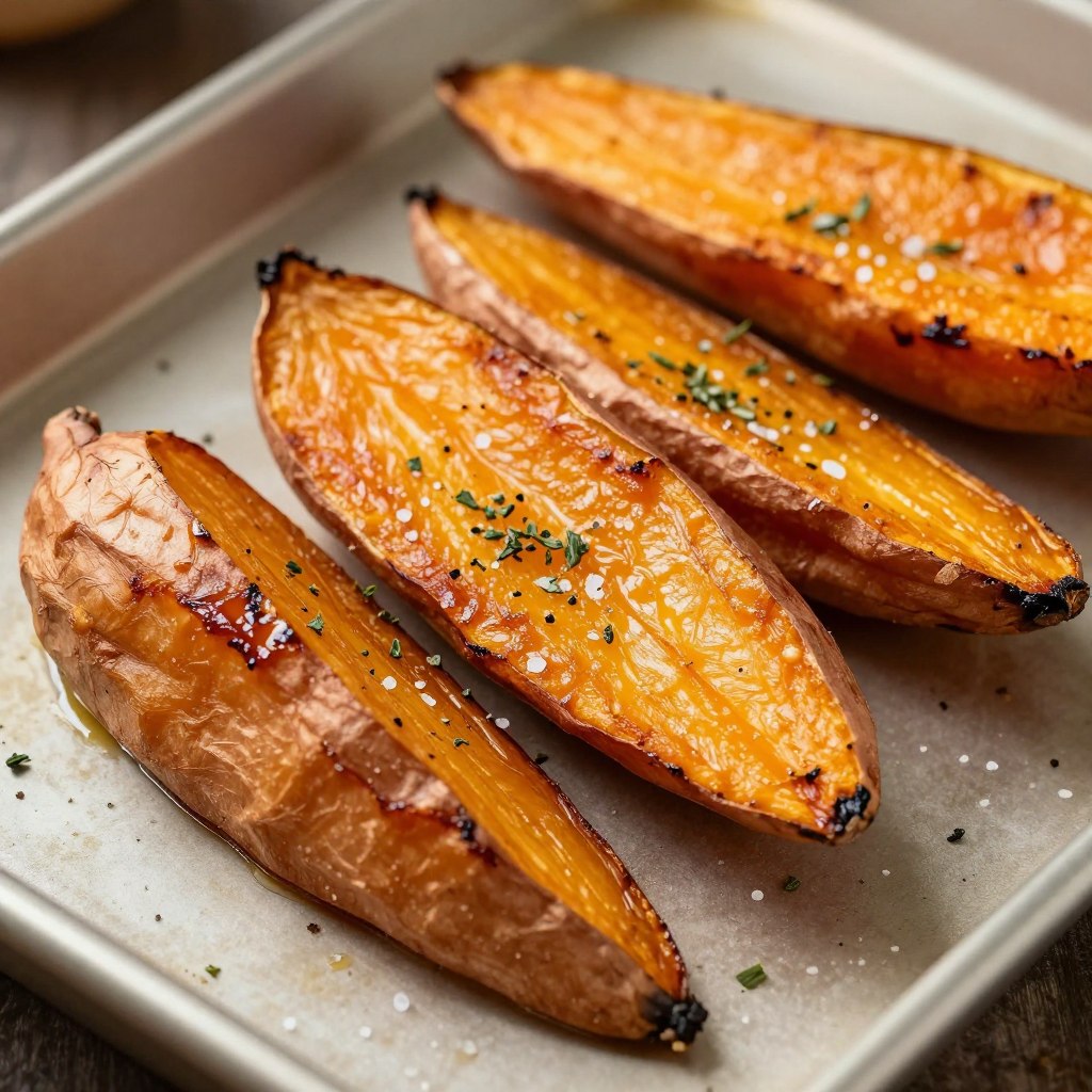 Patates douces rôties au four avec une garniture d'herbes fraîches Patates douces rôties au four avec une garniture d'herbes fraîches