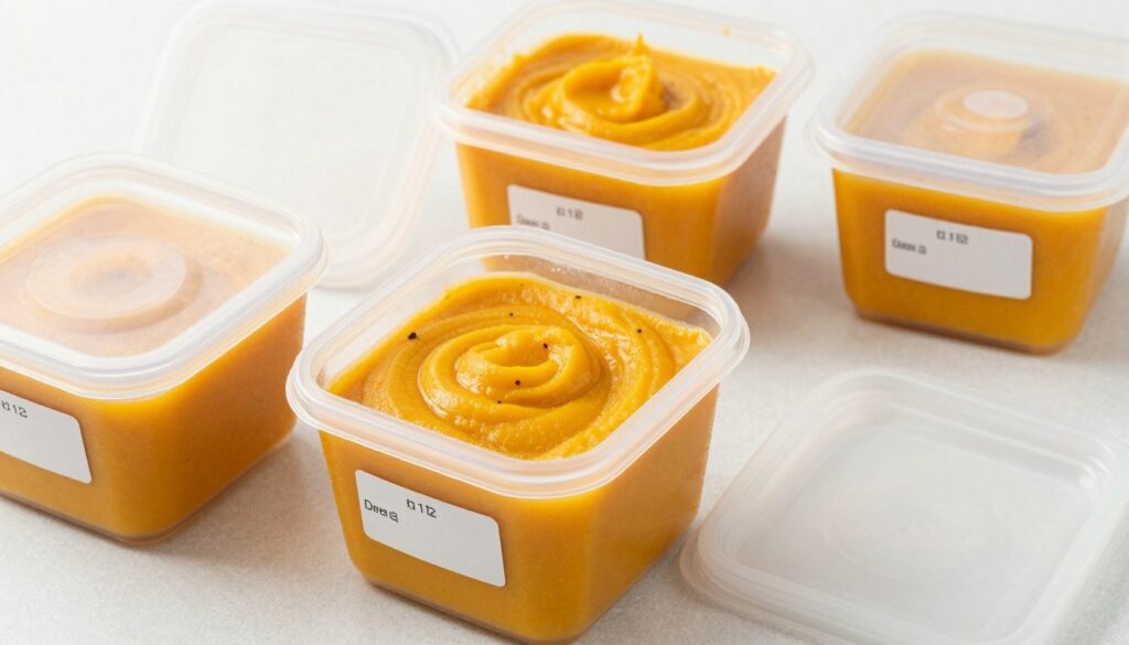 Purée de potimarron en portions dans des bacs de congélation