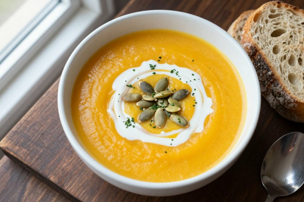 Soupe de patate douce crémeuse servie dans un bol avec garniture de graines et herbes