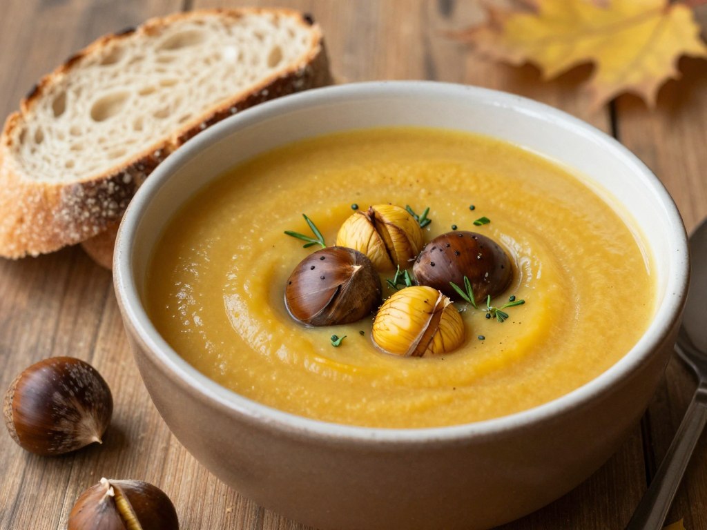 Soupe de potimarron aux châtaignes dans un bol rustique Soupe de potimarron aux châtaignes dans un bol rustique