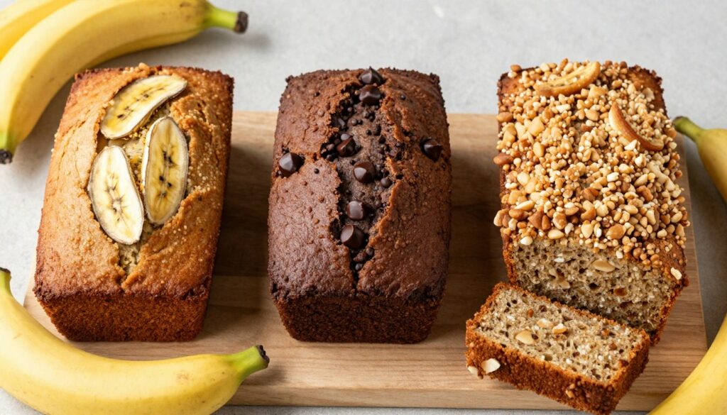 Trois variations de banana bread : classique, chocolat et noix Trois variations de banana bread : classique, chocolat et noix