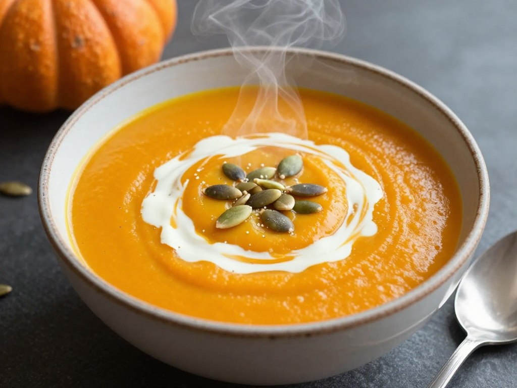 Velouté de potimarron à la crème fraîche servi dans un bol avec des graines de courge Velouté de potimarron à la crème fraîche servi dans un bol avec des graines de courge