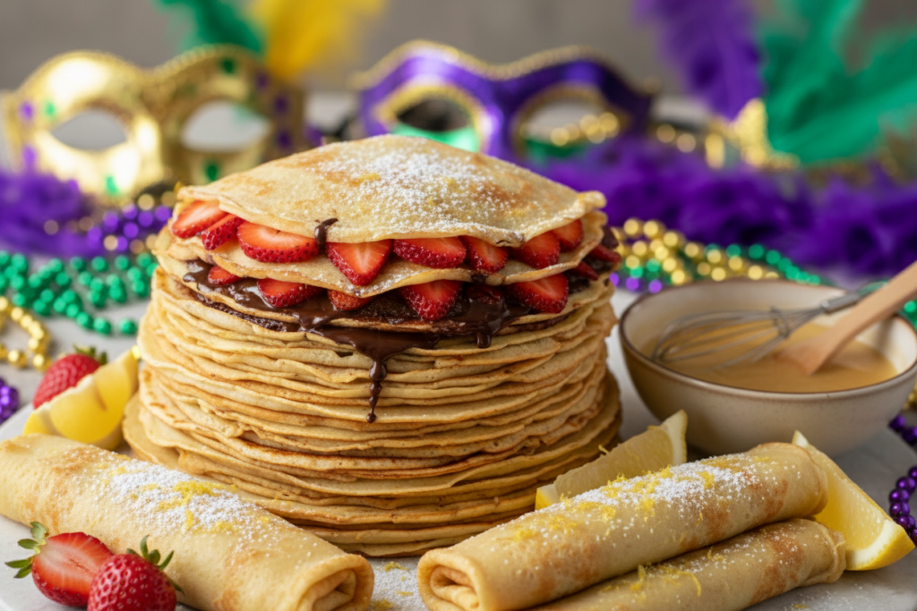 Pile de crêpes avec garnitures pour Mardi Gras