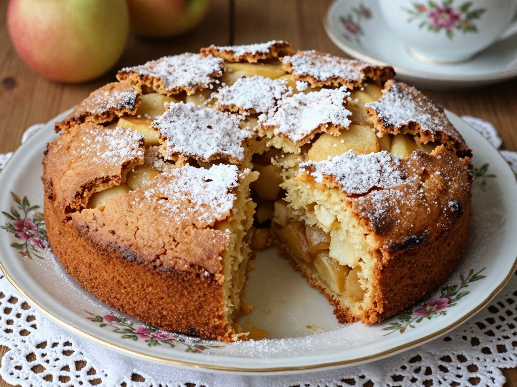 Gâteau aux pommes rustique de grand-mère avec surface irrégulière et dorée